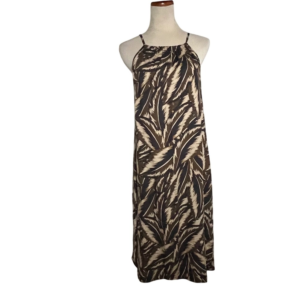 Prana Epicanopy Dress Womens XL Cafe Panama Brown Tropical Leaf Halter Midi NEW